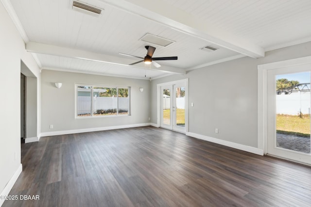 empty room featuring beamed ceiling, french doors, dark hardwood / wood-style flooring, and ceiling fan