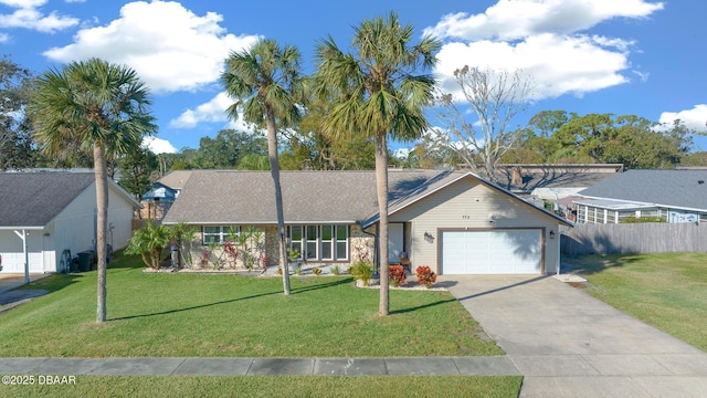 ranch-style home featuring a front lawn and a garage