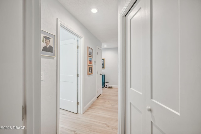 corridor featuring light wood-type flooring and a textured ceiling