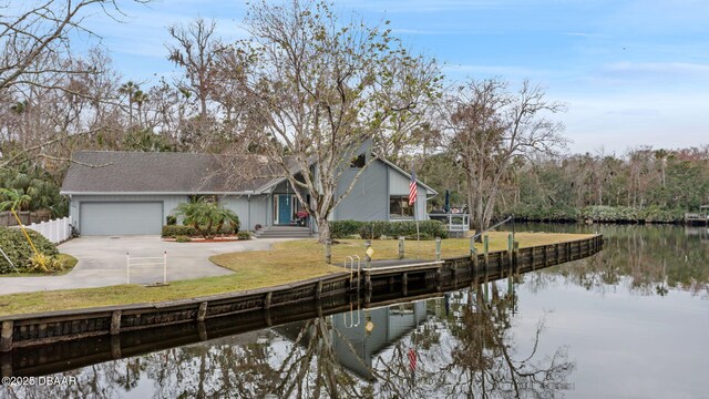 dock area featuring a water view and a yard