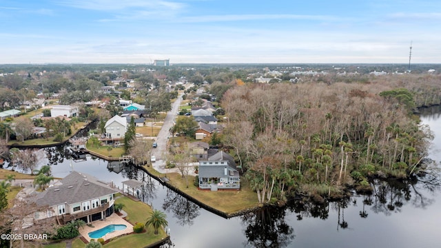 drone / aerial view with a water view