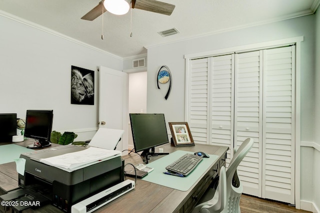 2917 Carriage Dr, South Daytona, FL 32119 - office space with crown molding, a ceiling fan, and wood finished floors