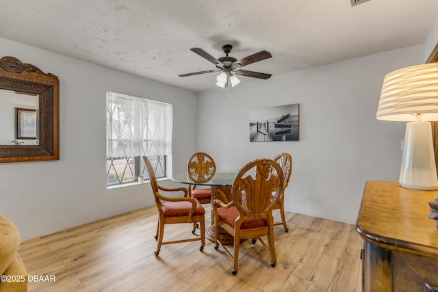 dining space with ceiling fan and light hardwood / wood-style flooring