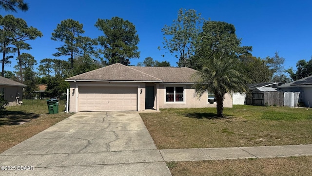 single story home with stucco siding, an attached garage, driveway, a front yard, and a shingled roof