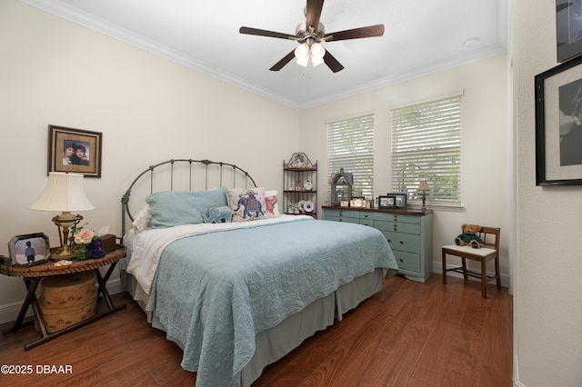 bedroom featuring ceiling fan, dark hardwood / wood-style flooring, and ornamental molding