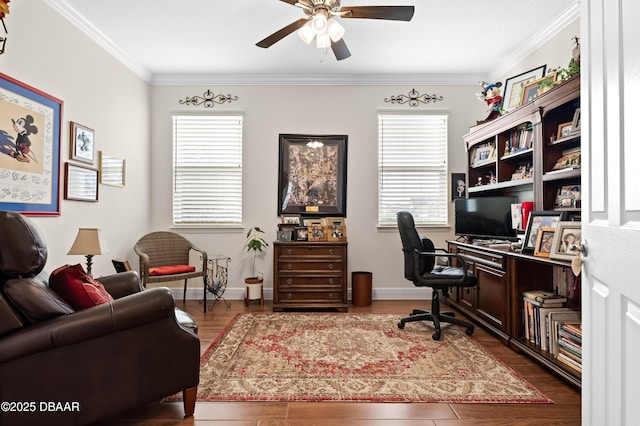 office area featuring ceiling fan, wood-type flooring, and crown molding