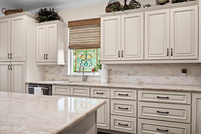 kitchen featuring white cabinetry, crown molding, dishwasher, and sink