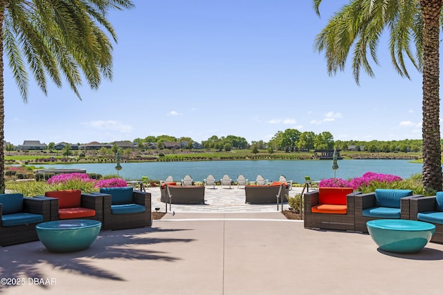 view of patio / terrace featuring a water view