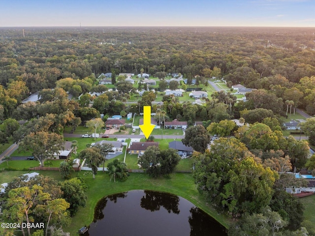 aerial view with a water view and a view of trees