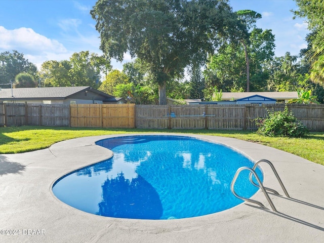 view of pool featuring a patio, a yard, and a fenced backyard