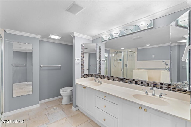 bathroom with crown molding, vanity, an enclosed shower, decorative backsplash, and toilet