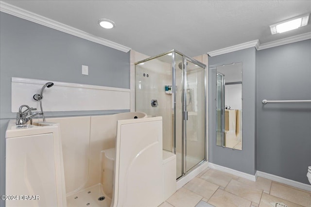 bathroom featuring ornamental molding, tile patterned flooring, and tiled shower