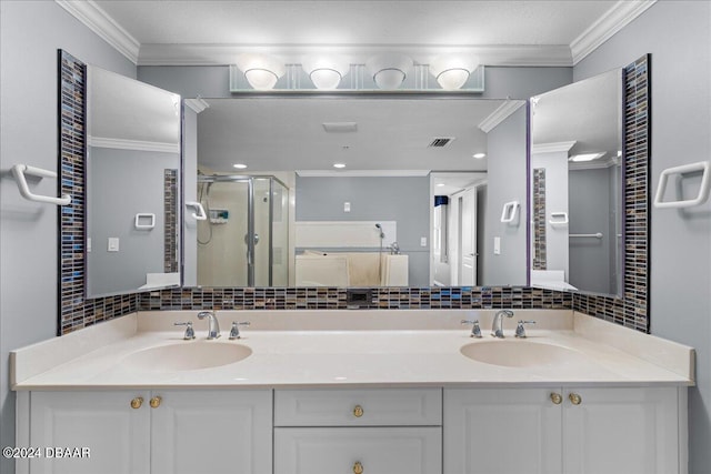 bathroom with vanity, an enclosed shower, and crown molding