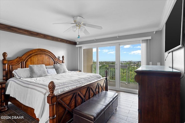 bedroom with hardwood / wood-style flooring, access to outside, ceiling fan, and crown molding