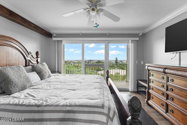 bedroom featuring dark wood-type flooring, access to outside, ceiling fan, and crown molding