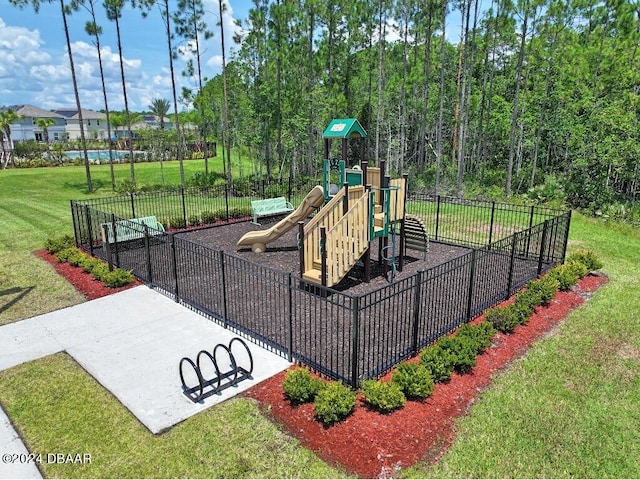 view of play area with a yard