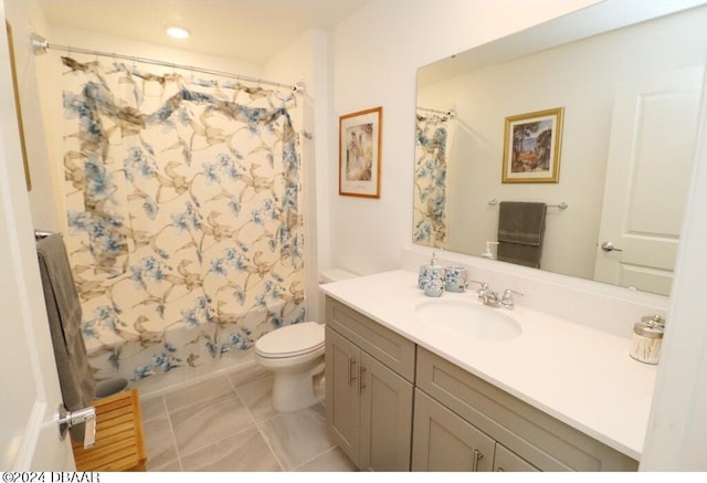 full bathroom featuring shower / bath combo, tile patterned flooring, vanity, and toilet