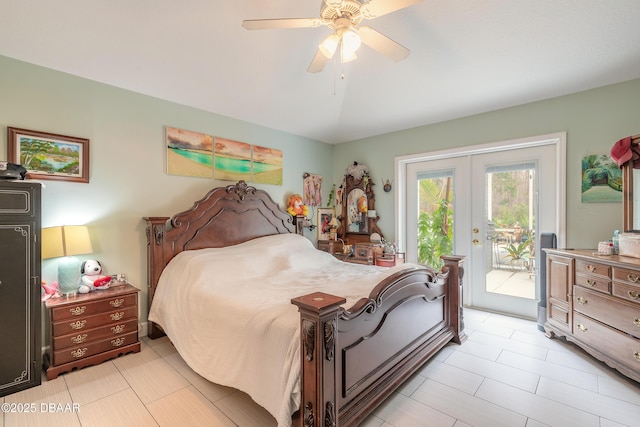 bedroom featuring french doors, ceiling fan, and access to outside