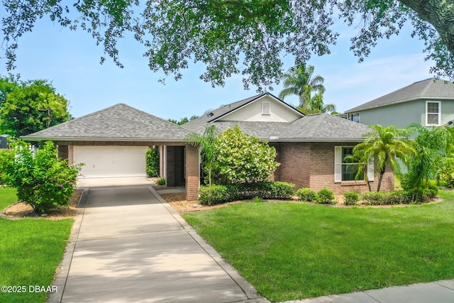ranch-style house featuring driveway, an attached garage, a front yard, and roof with shingles