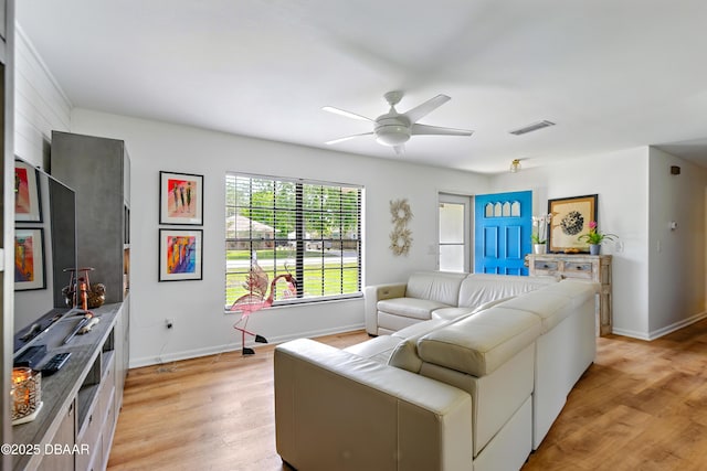2530 Nordman Ave, New Smyrna Beach, FL 32168 - living room with ceiling fan, light wood-style floors, and baseboards