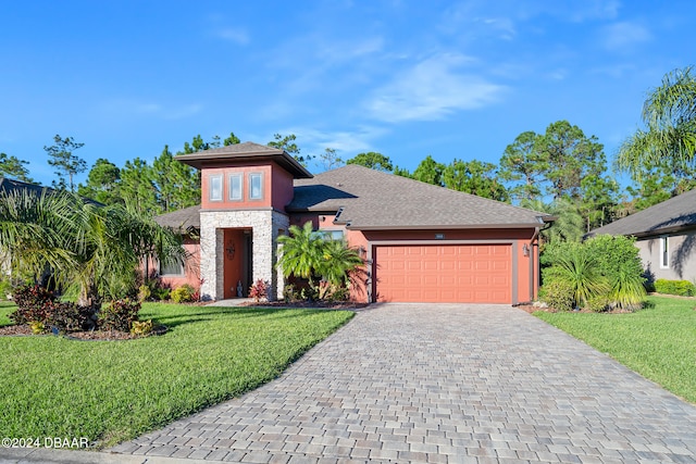 view of front of property featuring a garage and a front lawn