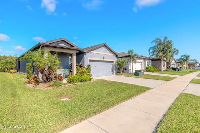 single story home with central air condition unit, a garage, and a front yard