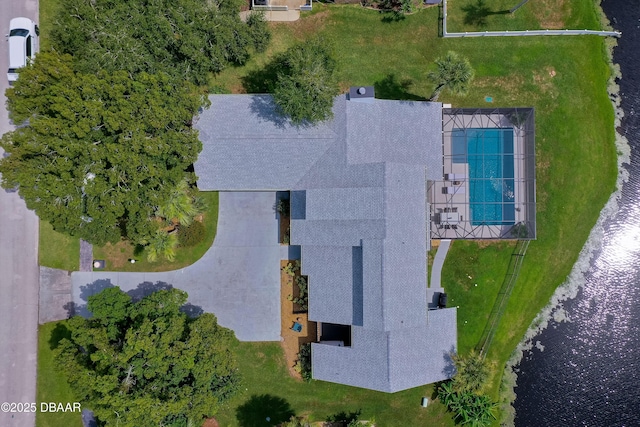 drone / aerial view featuring a water view