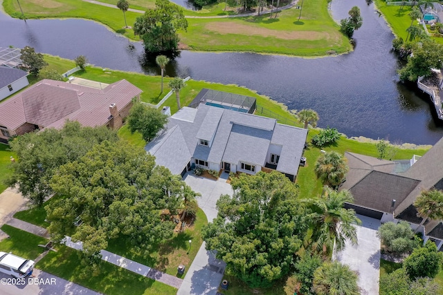 birds eye view of property featuring a water view