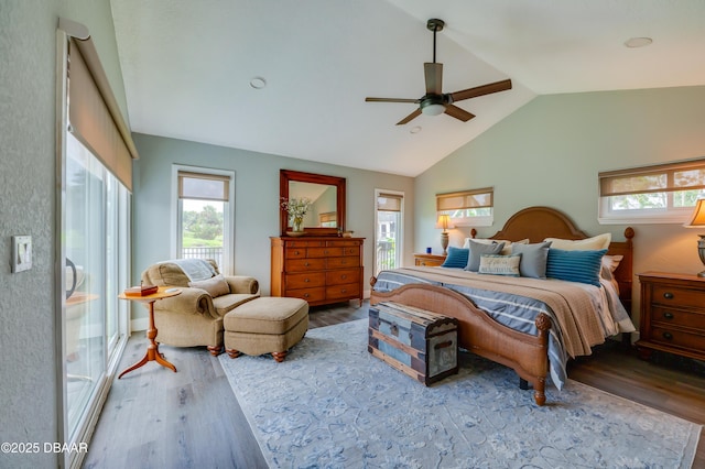 bedroom with wood-type flooring, vaulted ceiling, and ceiling fan