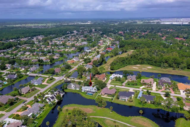 drone / aerial view featuring a water view