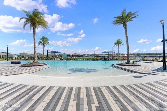 view of pool featuring a water view and a patio