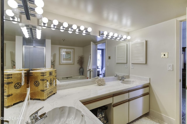 bathroom featuring vanity and plus walk in shower