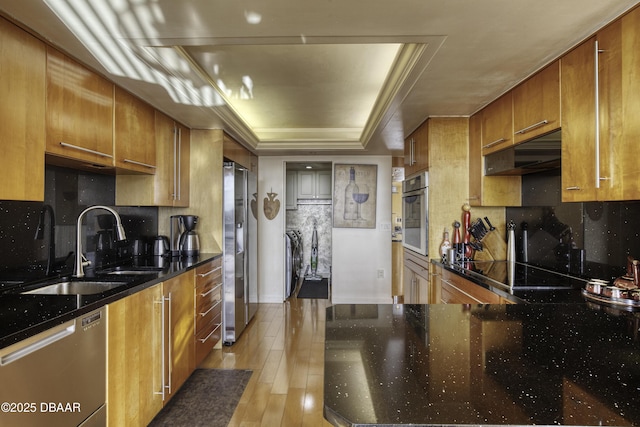 kitchen with sink, light hardwood / wood-style flooring, a raised ceiling, stainless steel appliances, and backsplash