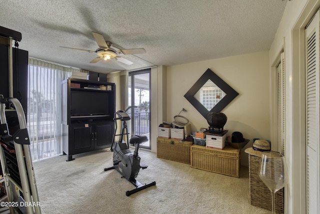 exercise area with light carpet, ceiling fan, floor to ceiling windows, and a textured ceiling