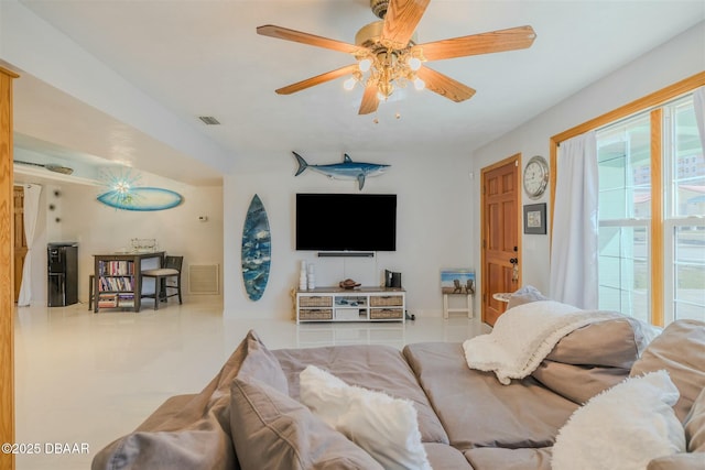 living room with ceiling fan