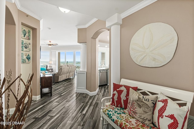 3737 S Atlantic Ave Unit 504, Daytona Beach Shores, FL 32118 - hallway with ornamental molding, dark wood-style floors, baseboards, and arched walkways