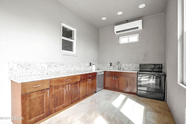 kitchen featuring a wall unit AC, light stone countertops, sink, dishwasher, and black range with electric stovetop