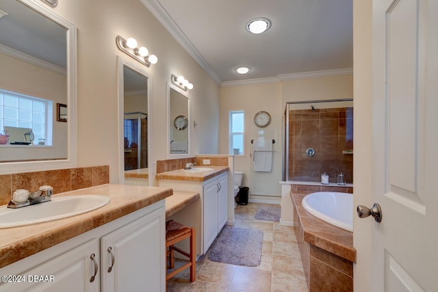 bathroom with vanity, plus walk in shower, tile patterned floors, and ornamental molding