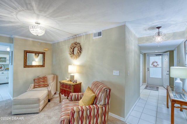 living area featuring a notable chandelier, light tile patterned floors, and crown molding