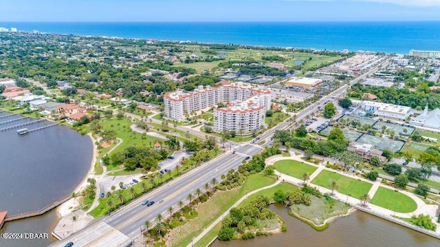 bird's eye view with a water view