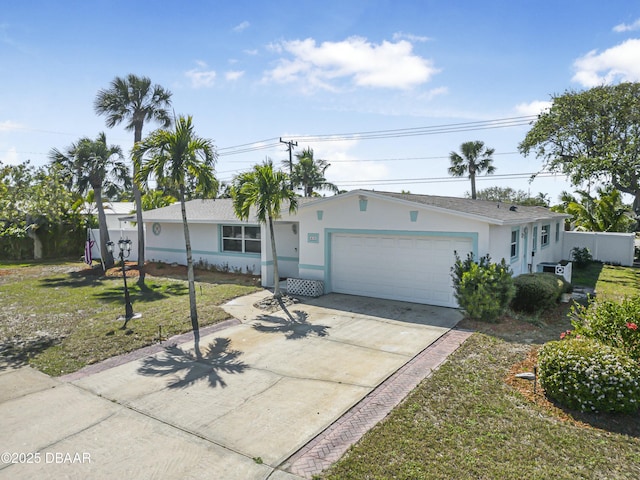 single story home featuring concrete driveway, fence, a garage, and stucco siding