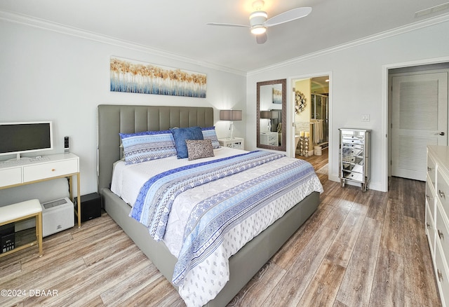 bedroom featuring ceiling fan, wood-type flooring, and ornamental molding