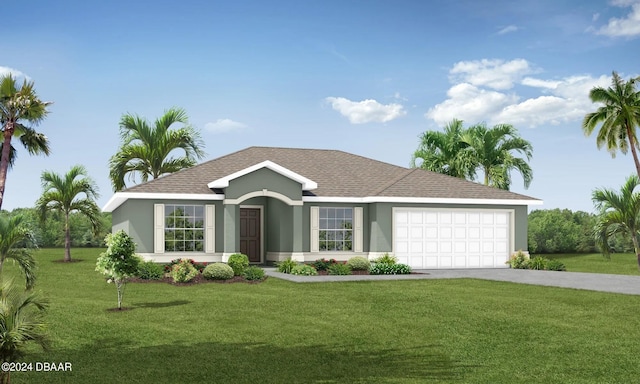 ranch-style house featuring a garage and a front lawn