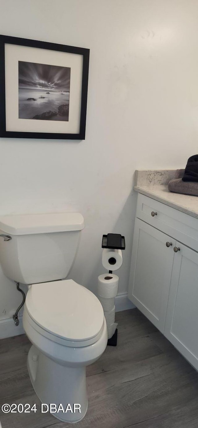 bathroom with wood-type flooring, vanity, and toilet