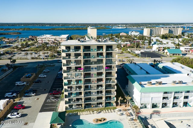 birds eye view of property featuring a water view