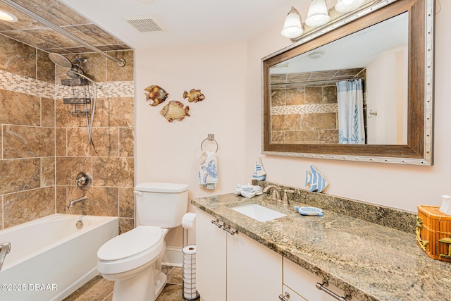 full bathroom with shower / bath combination with curtain, vanity, and toilet