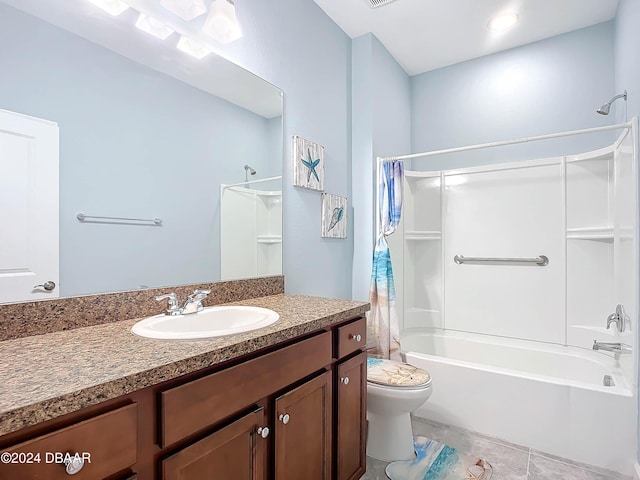 full bathroom featuring vanity, toilet, and shower / bathtub combination with curtain