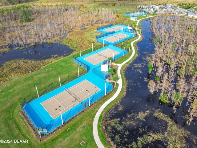 drone / aerial view with a water view