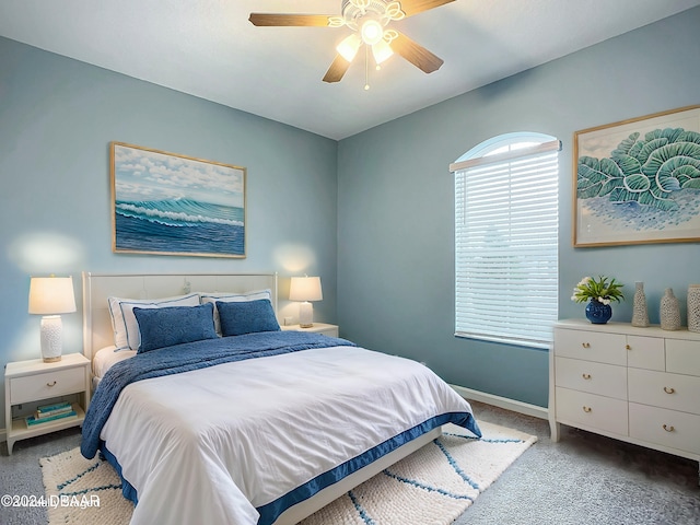 bedroom featuring carpet flooring and ceiling fan