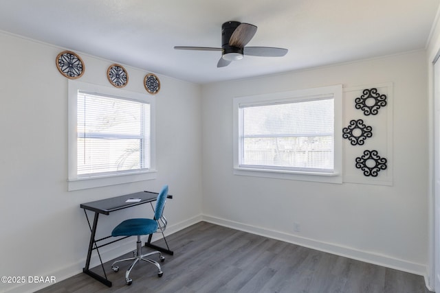 office space with hardwood / wood-style floors, ceiling fan, and a healthy amount of sunlight